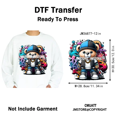 12in Colorful Graffiti Urban Stree Vibes Fearless Gangster Bear Washable Iron on DTF Transfer Sticker Ready to Press for Clothes