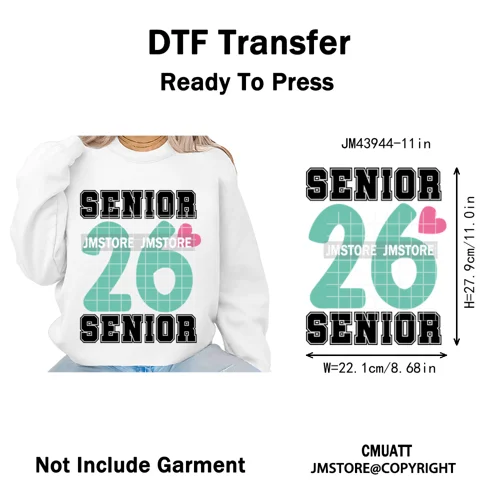 College Mega Senior 2K26 Coquette Class of 2026 Iron on Washable DTF Heat Transfers Stickers Ready to Press for Textiles Bags
