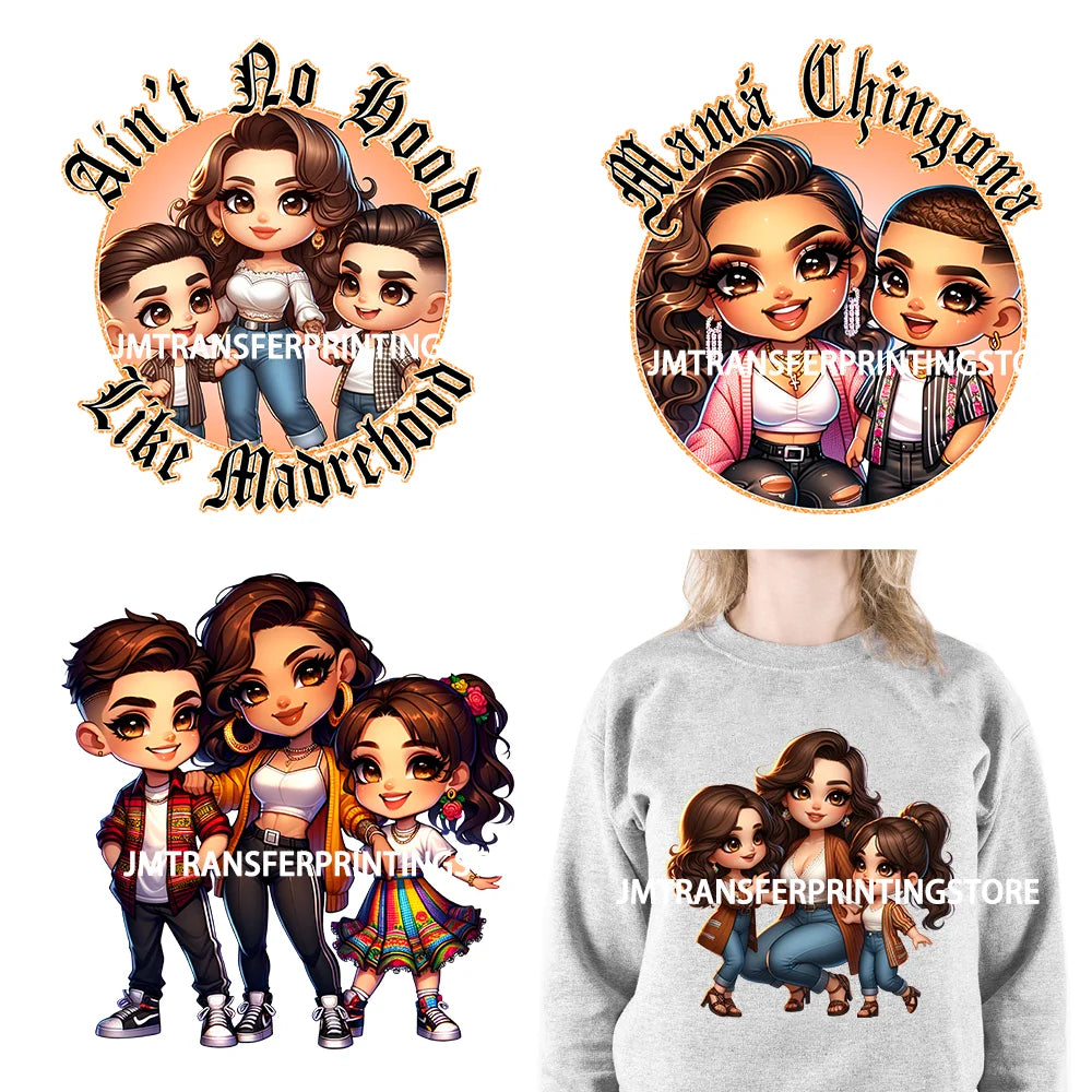 DIY Latina Mama Chingona Chicana Mom Kids Chibi Style Mother's Day Iron On DTF Transfer Stickers Ready To Press For Clothing