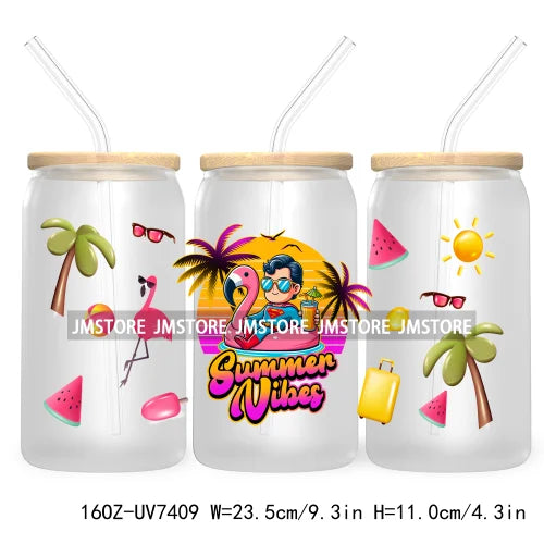 Summer Vibes 16OZ UV DTF Cup Wrap Transfers Stickers For Libbey Glass Can Cups Tumbler Waterproof Labels Cartoon Beach Vacation