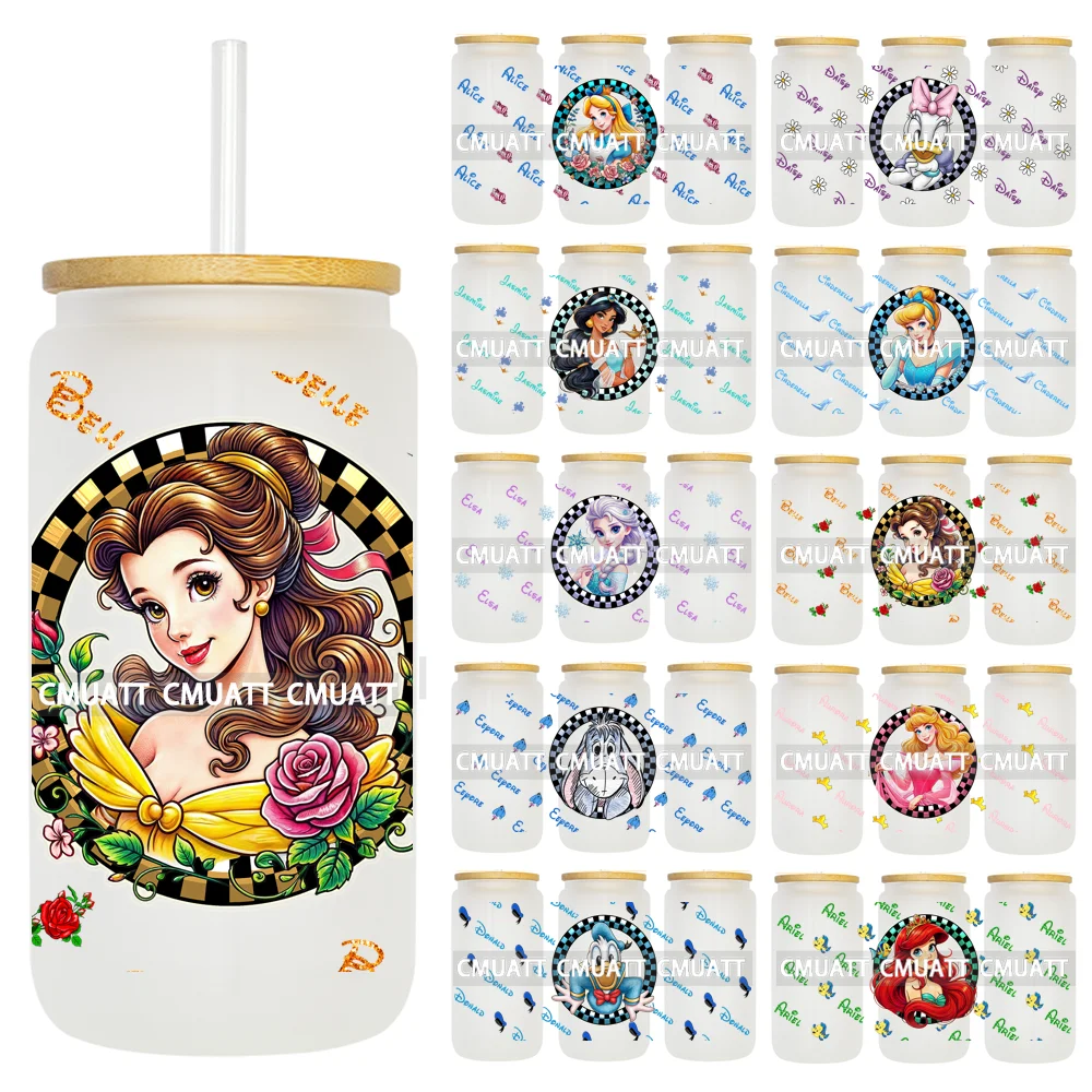 Colorful Round Cartoon Princess Girls 16OZ UV DTF Cup Transfer Wrap Transfer Stickers Waterproof DIY Logos For Libbey Glass Can