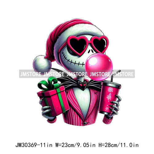 Horror Pink Christmas Bright Light Blowing Bubble Cartoon Character Iron On DTF Transfers Stickers Ready To Press For Hoodies