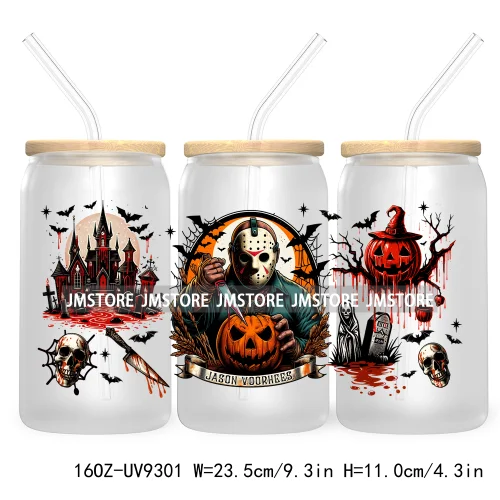 Scary Movies Halloween 16OZ UV DTF Cup Wrap Transfer Stickers Custom Labels Waterproof Logo For Libbey Glass Can Spooky Season