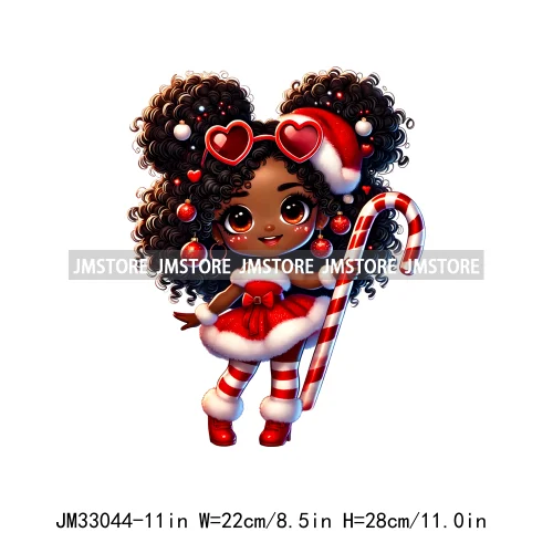 Cute Santa Hat Baby Afro Girls Coquette Bow Christmas Festive Holiday Iron On DTF Transfer Stickers Ready To Press For Clothing