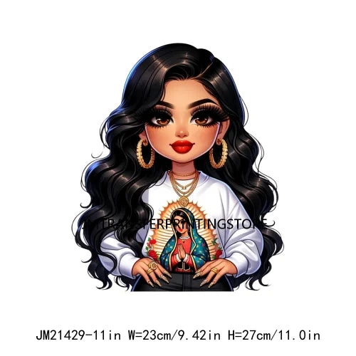 Chibi Cute Chicana Doll Guadalupe Lady Skull Latina Woman Cold Peel Decals Iron On DTF Transfers Stickers For Shirts Bags Pillow