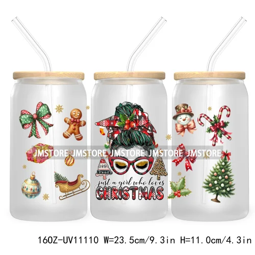 Just A Girl Who Loves Christmas UV DTF Cup Wrap For Libbey Glass Can Transfer Stickers Waterproof Custom Labels Tis The Season