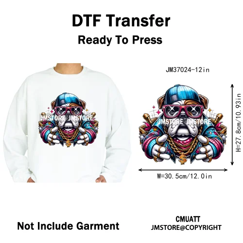 12in Streetwear Vibes Rich Cool Cartoon Bulldog King Designs Washable Iron on DTF Transfers Stickers Ready to Press for Clothes