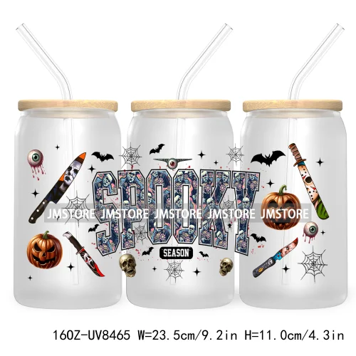 Halloween Characters 16OZ UV DTF Cup Wrap Transfer Sticker Custom Label Waterproof Logo For Libbey Glass Can Spooky Horror Movie