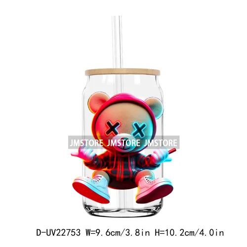 Colorful Neon Teddy Bear Urban Style UV DTF Transfers Stickers Decals For Libbey Cold Cups Mugs Tumbler Waterproof DIY Craft