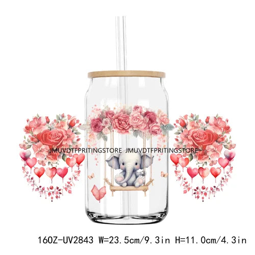 Valentines Teddy Bear With Red Roses UV DTF Sticker For 16OZ Libbey Glass Cup Can Wrap Transfer Sticker Custom Labels DIY Logo