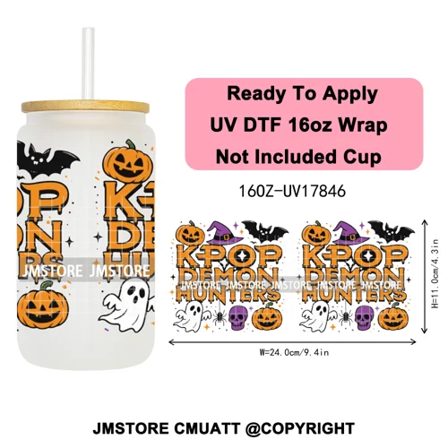 Kpop Movie Demon Hunters Boo Halloween Pumpkin Party 16OZ UV DTF Cup Wraps Ready To Apply Transfer Stickers For Libbey Glass Can