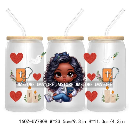 Cute Black Afro Girls 16OZ UV DTF Cup Wrap Transfer Stickers For Libbey Glass Can Cups Tumbler Waterproof Labels Christian Cross