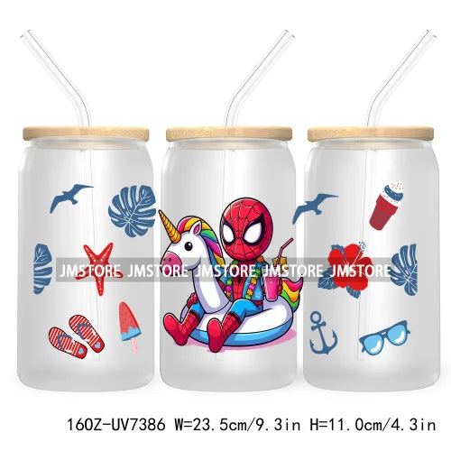 Hero Cartoon Summer Vacation 16OZ UV DTF Cup Wrap Transfers Stickers Custom Labels Durable Waterproof Logo For Libbey Glass Can