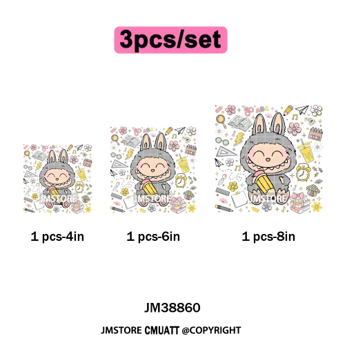 Floral Cute Checkered Cartoon Monster Character Iron on DTF Washable Transfers Stickers Designs Ready to Press for Textile Bags
