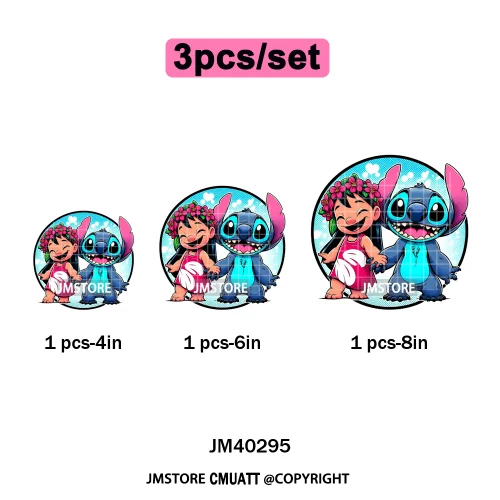 Cute Cartoon Blue Animal Princess Best Friends Designs Iron on DTF Washable Transfers Stickers Ready to Press for Clothing Bags