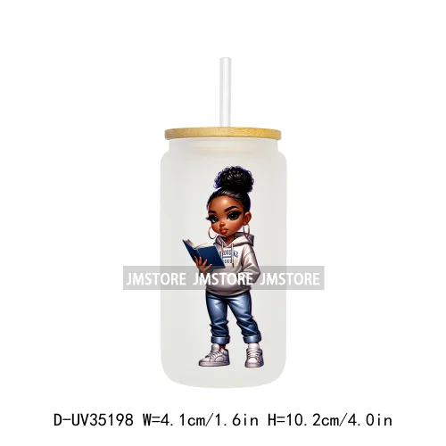 Fashion Black Chibi Denim Girl UV DTF Transfer Stickers Decals Ready To Apply Waterproof For 16OZ Libbey Glass Can Cup Tumbler