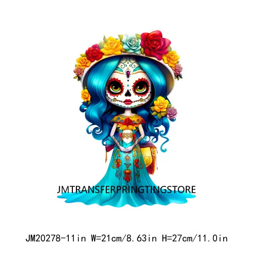 Cute Doll La Catrina Day Of The Dead Sugar Skull Mexican Halloween Iron On DTF Transfer Stickers Ready To Press For Hoodies Bags