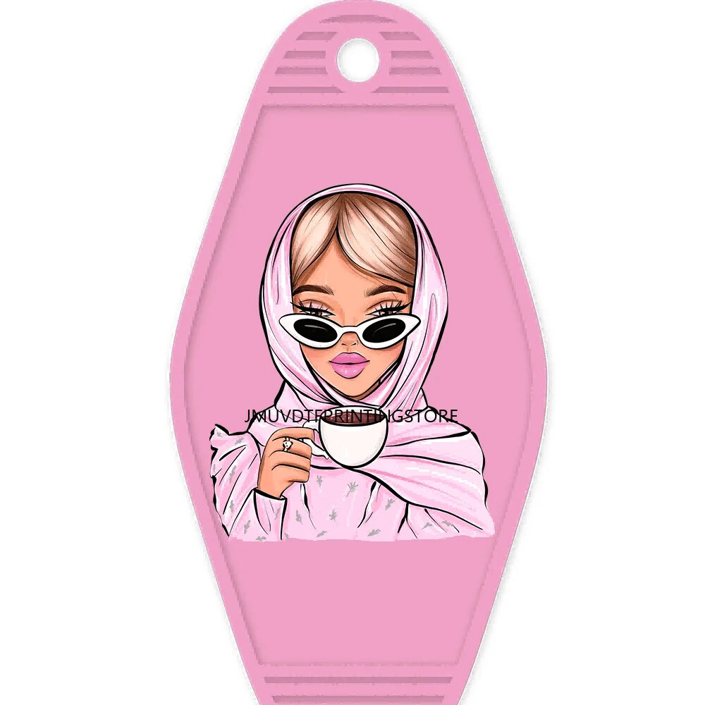 Happy Birthday Pink Girls With Coffee High Quality WaterProof UV DTF Sticker For Motel Hotel Keychian Cute Girl Kids