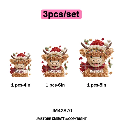 Faux Latch Hook Yarn Crochet Christmas Highland Cow Santa Iron on DTF Washable Transfer Stickers Ready to Press for Garment Bags