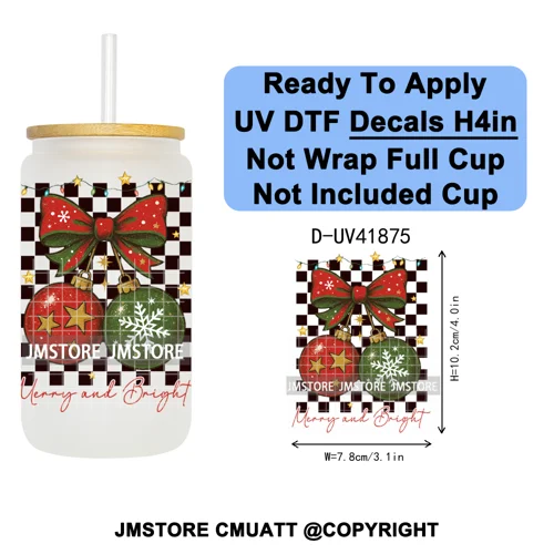 Watercolor Christmas Farm Truck Xmas Gifts UV DTF Transfer Stickers Decals Ready To Apply Waterproof For 16OZ Libbey Glass Can