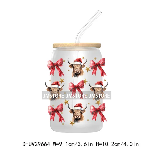 Coquette Cowgirl Christmas Highland Cow Bow UV DTF Transfer Stickers Decals For Libbey Cold Cups Mugs Tumbler Western Christmas