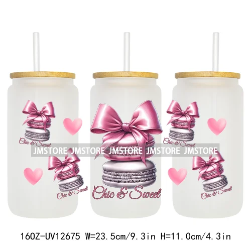 Iced Coffee Girly Pink Cherry Coquette Bow UV DTF Sticker For 16OZ Libbey Glass Cup Can Wrap Transfer Stickers Custom Labels