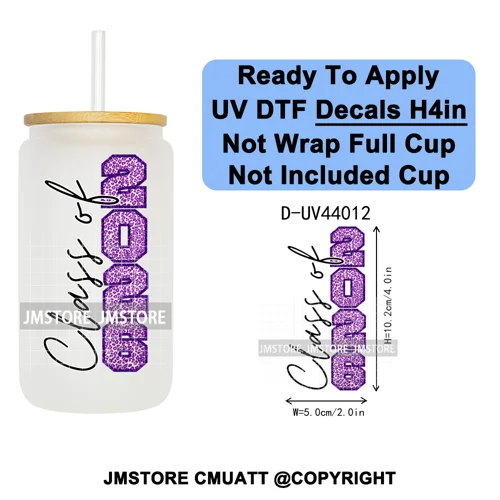 Faux Glitter Senior 2026 School UV DTF Decals Ready To Apply Waterproof Transfer Stickers DIY Crafts For 16OZ Libbey Glass Can