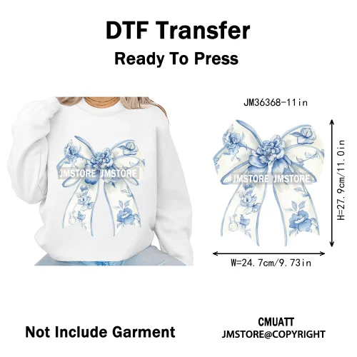 Blue And White Toile Chinoiserie Floral Coquette Bow Thermal Decals Iron on DTF Transfers Stickers Ready to Press for Clothing