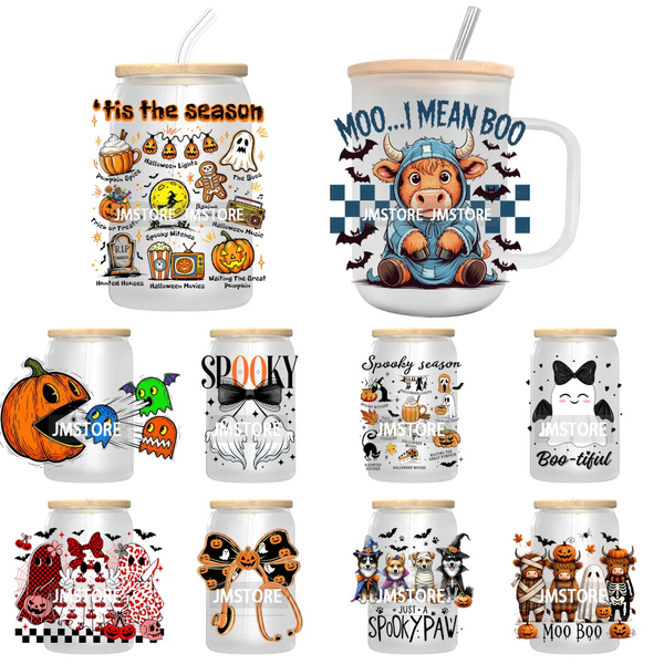 Spooky Highland Cow Halloween Ghosts Pumpkin UV DTF Decals Ready To Apply Waterproof Transfer Stickers For 16OZ Libbey Glass Can
