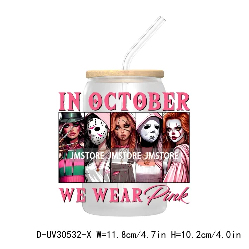 In October We Wear Pink UV DTF Transfers Stickers Decals For Libbey Cold Cups Mugs Tumbler Waterproof Craft Horror Movie Sisters