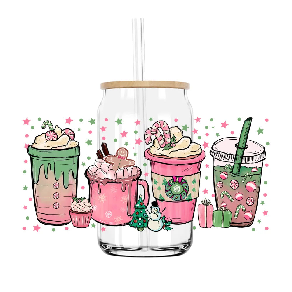 Pink Christmas Coffee Drink 16OZ UV DTF Cup Wrap Transfers Stickers Custom Labels DIY Durable Waterproof Logo For Libbey Glass