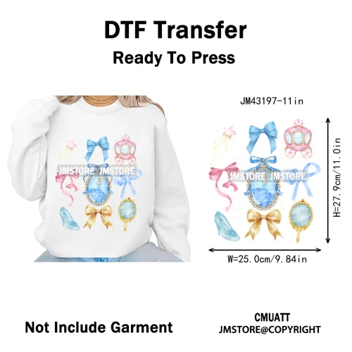 Colorful Girly Coquette Cartoon Princess Family Trip Iron on Washable DTF Heat Transfers Stickers Ready to Press for Clothing