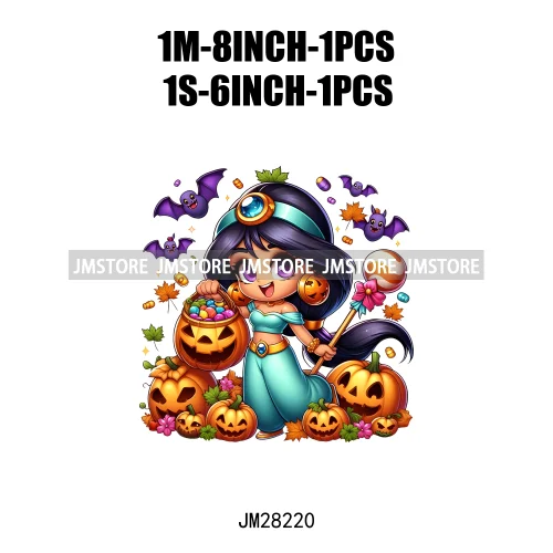 Washable Chibi Spooky Princess Pumpkin Halloween Trick Or Treat Witch Iron On DTF Transfers Stickers Ready To Press For Hoodies