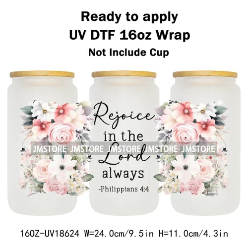 Floral Christian Jesus Bible Verse UV DTF Cup Wrap Ready To Apply Transfer Stickers Waterproof Wraps For 16OZ  Libbey Glass Can