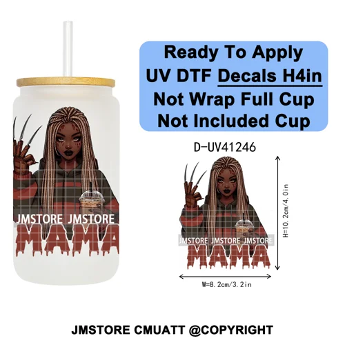 Black Girl Horror Characters Halloween Coffee UV DTF Transfer Sticker Decals Ready To Apply Waterproof For 16OZ Libbey Glass Can