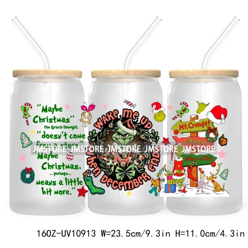 Retro Christmas Mean Guy UV DTF Cup Wrap For Libbey Glass Can Transfer Stickers Waterproof Custom Labels Merry Greenmas Xmas