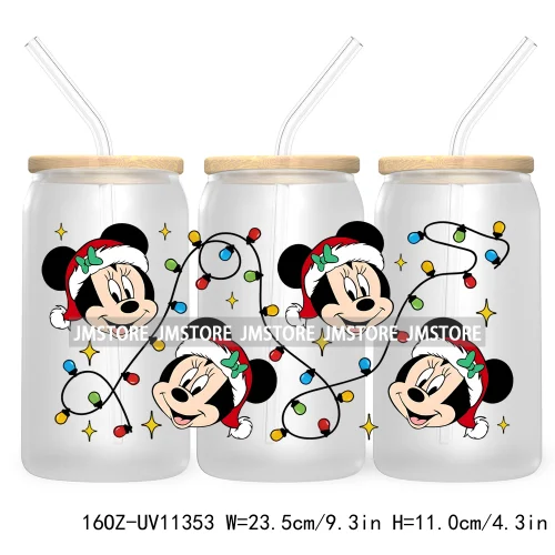 Cute Kids Cartoon Character With Christmas Lights Tree Xmas Holiday UV DTF Transfer 16OZ Libbey Glass Can Wrap Ready to Apply