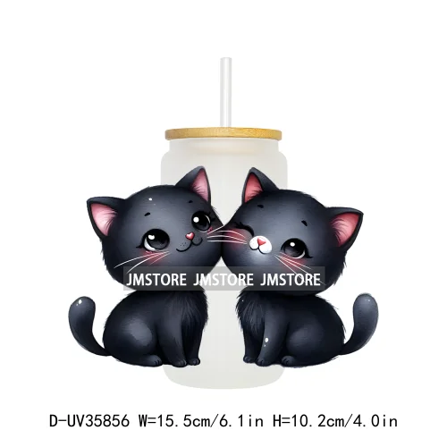 Valentine's Day Black Cat Couple UV DTF Transfer Stickers Decals Ready To Apply Waterproof For 16OZ Libbey Glass Can Cup Tumbler