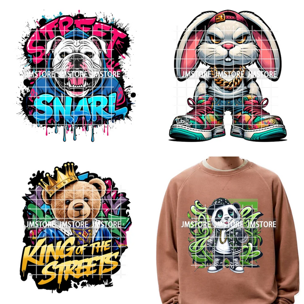 12in Street Snarl Savage Animal King Graffiti Urban Bear Bunny Cat Dog Iron on DTF Transfers Stickers Ready to Press for Clothes