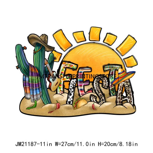 New Let's Fiesta Mexican Happy Cinco De Mayo Iron On DTF Stickers Sombrero Hat Cactus Fiesta Squad Transfer Printing For Hoodies