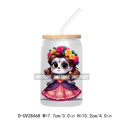 Cute Latina Cartoon Princess Baby Girl UV DTF Transfer Stickers Decals For Libbey Cold Cups Mug Tumbler Labels Sugar Skull Woman