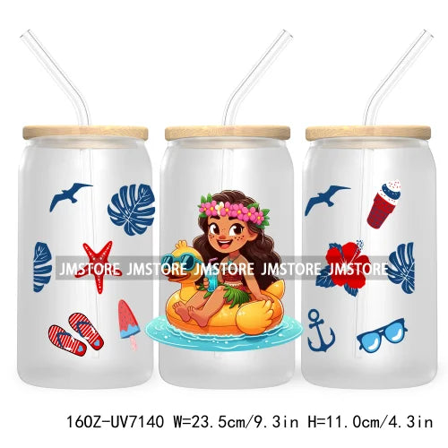 Cartoon Princess's Summer Vacation 16OZ UV DTF Cup Wrap Transfers Stickers For Libbey Glass Can Cups Tumbler Waterproof Craft