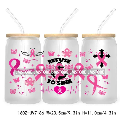 Peace Love Cure Breast Cancer Awareness Pink 16OZ UV DTF Cup Wrap Transfer Stickers For Libbey Glass Can Cups Tumbler October