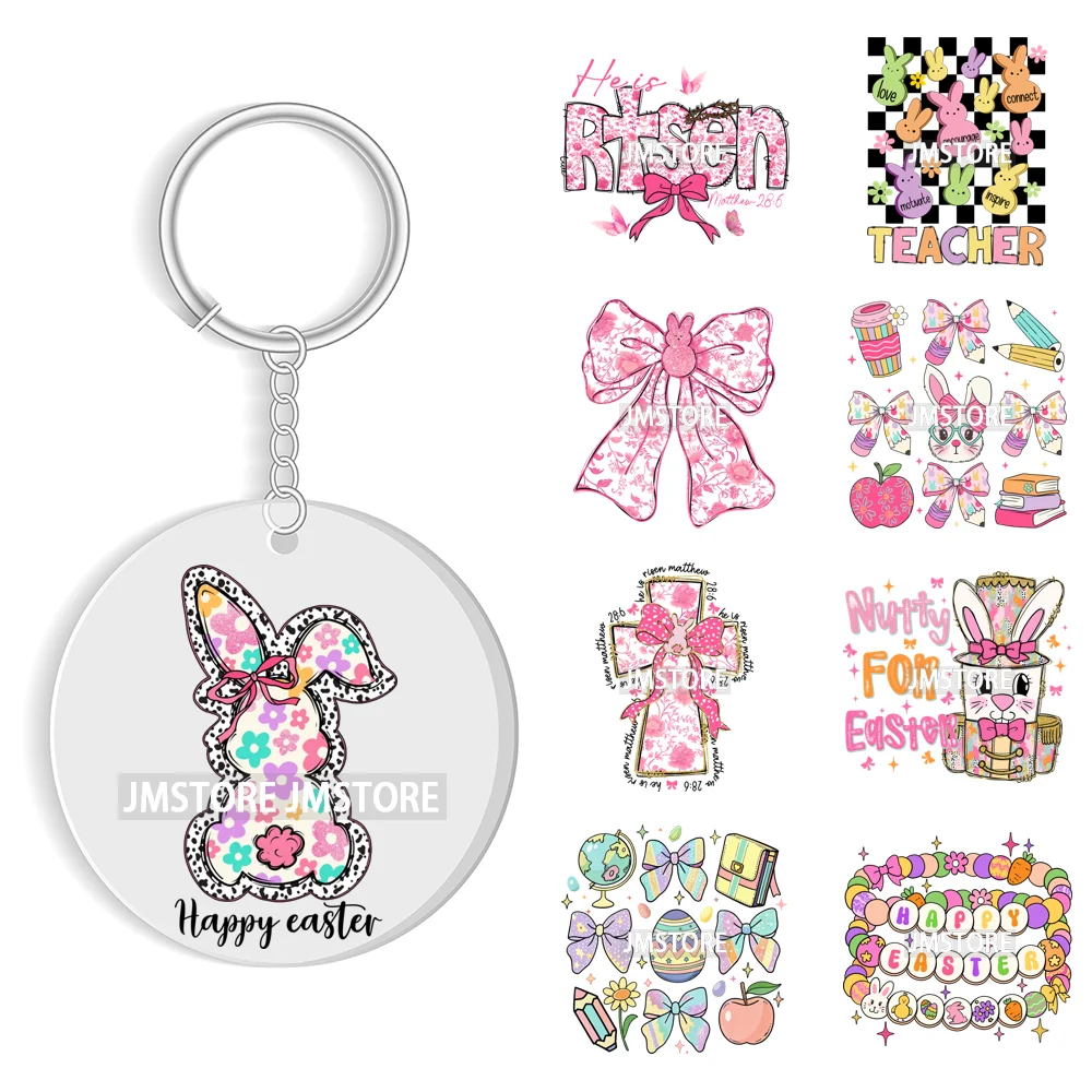 Happy Easter School Teacher Life Retro Coquette Easter Bunny WaterProof UV DTF Sticker For Round Circle Acrylic Keychain Keyring