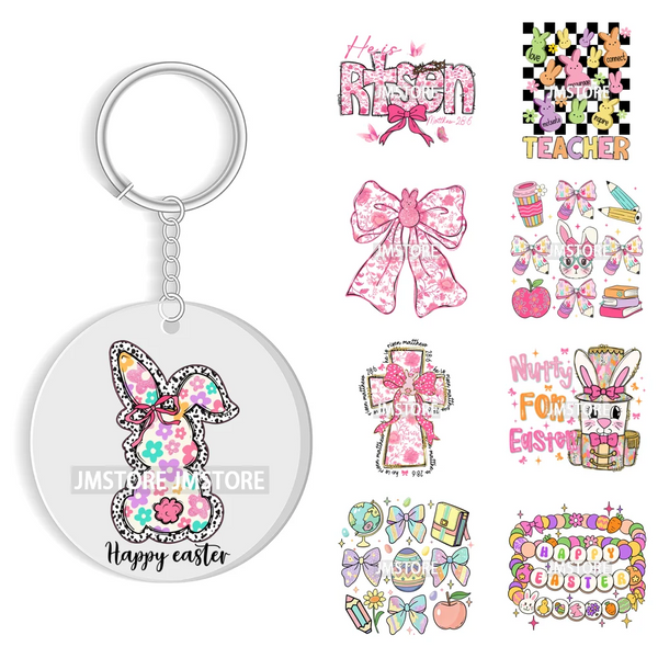 Happy Easter School Teacher Life Retro Coquette Easter Bunny WaterProof UV DTF Sticker For Round Circle Acrylic Keychain Keyring