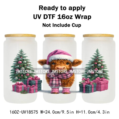 Howdy Christmas Western Highland Cow 16OZ UV DTF Cup Wraps Ready To Apply Waterproof Transfer Stickers For Libbey Glass Can