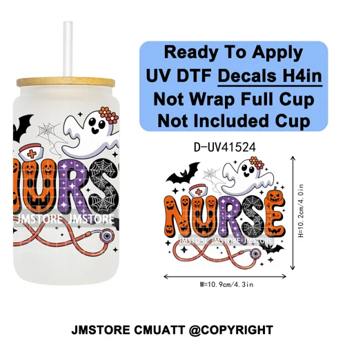 Spooky Highland Cow Halloween Ghosts Pumpkin UV DTF Decals Ready To Apply Waterproof Transfer Stickers For 16OZ Libbey Glass Can