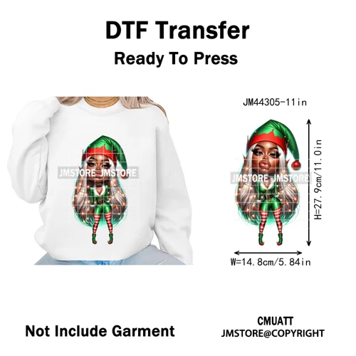 Sassy Black Girl Santa Christmas Bright Gingerbread Iron on Washable DTF Heat Transfers Stickers Ready to Press for Sweatshirts