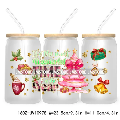 Coquette Glitter Holly Jolly Christmas Tree UV DTF Cup Wrap For Libbey Glass Can Transfer Stickers Waterproof Custom Labels Gift