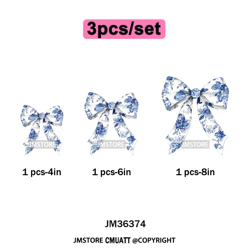 Blue And White Toile Chinoiserie Floral Coquette Bow Thermal Decals Iron on DTF Transfers Stickers Ready to Press for Clothing